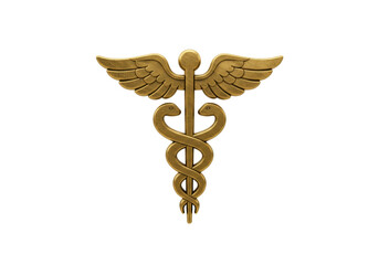 Isolated bronze Caduceus emblem, ancient symbol of medicine, a classic health icon on light