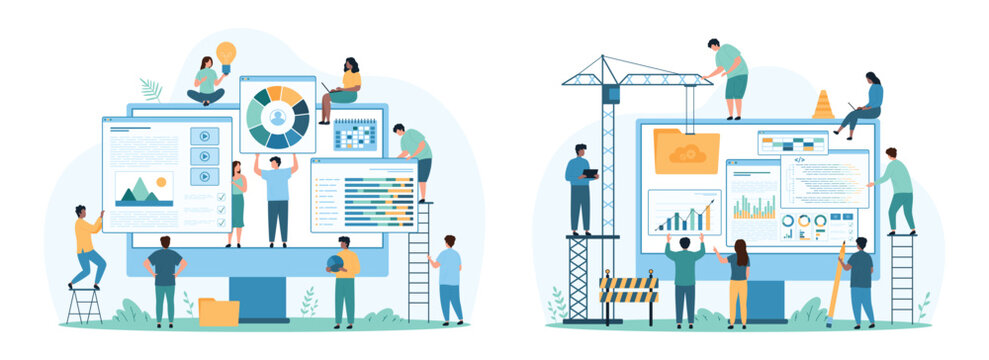 Online website development set. Tiny people build new site with help of construction crane, software windows with video content, folders and charts on computer monitor cartoon vector illustration