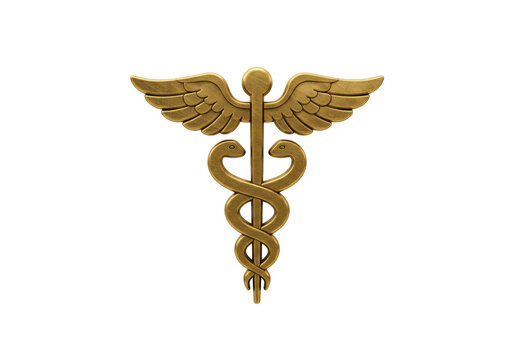 Isolated bronze Caduceus emblem, ancient symbol of medicine, a classic health icon on light