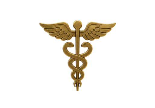 Isolated bronze Caduceus emblem, ancient symbol of medicine, a classic health icon on light