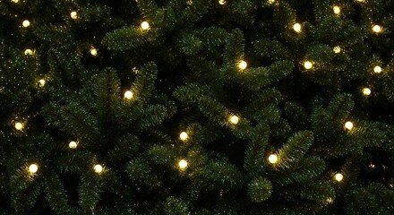 Close up view of a dark green fir tree with warm yellow fairy lights twinkling and glowing softly