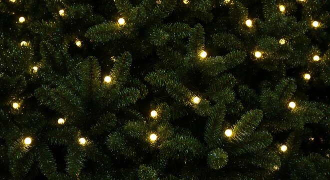 Close up view of a dark green fir tree with warm yellow fairy lights twinkling and glowing softly