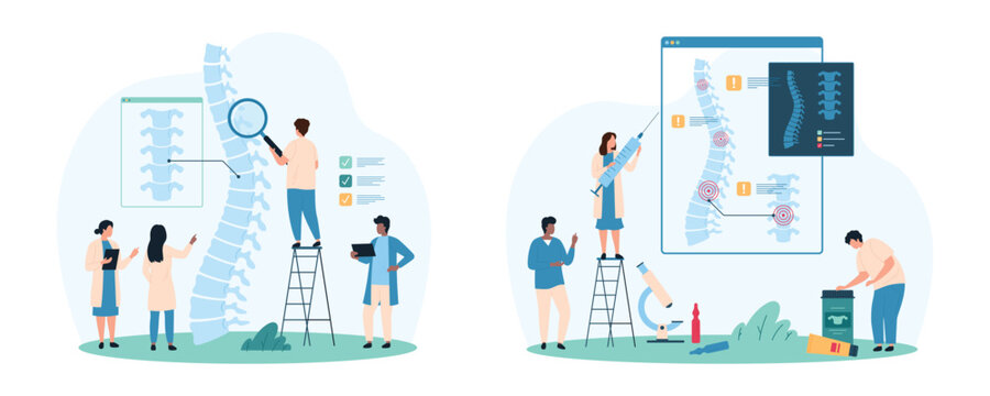 Diagnosis and treatment of spinal column diseases. set. Tiny people check for inflammation in human intervertebral discs on medical anatomy chart and xray of patient cartoon vector illustration