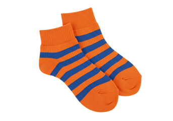 Isolated pair of orange and blue striped socks for fashion appeal, comfort, and protection