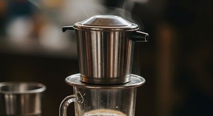 Ho Chi Minh, Vietnam Brewing Traditional Vietnamese Coffee with Phin Filter, Warm Bev