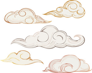 Vector art illustration set of cloud silhouette shapes, floral border, and retro decorative swirl elements