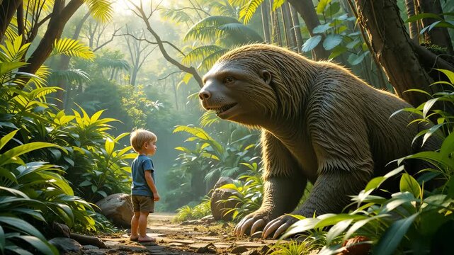 Young boy facing giant ground sloth in lush prehistoric jungle with soft sunlight filtering through leaves. Wonder and discovery concept