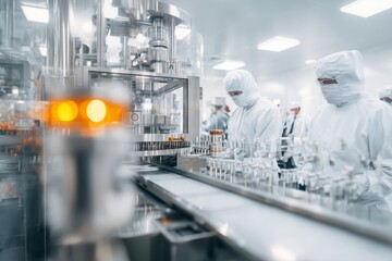 Pharmaceutical Vaccine Production in Modern Laboratory. Automated laboratory innovations in pharmaceutical manufacturing cleanroom biotechnology enhancements. High quality