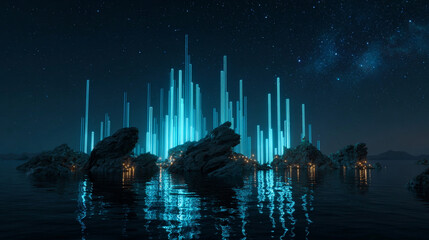 Surreal Futuristic Ocean with Glowing Holographic Data Networks and 3D Charts