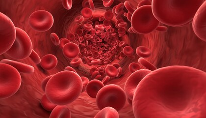 Red blood cells flowing through a vein or artery in the body