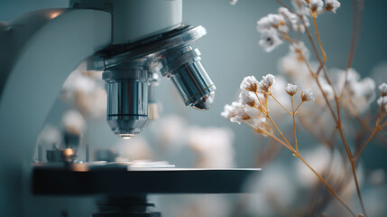 Close-up of microscope with dried flowers