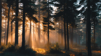 Sunlight filtering through peaceful pine forest
