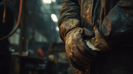 Worker's dirty gloves in gritty factory scene