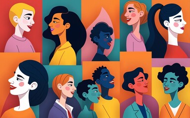In this vibrant and colorful illustration, a variety of diverse faces are placed in geometric patterns, each with its head in stock. High quality