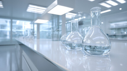 Sterile scientific lab with clear glass flasks