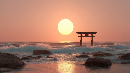 Torii gate in ocean waves at sunset