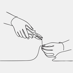 Continuous line drawing of female hands repairing wire using pliers in minimalist style