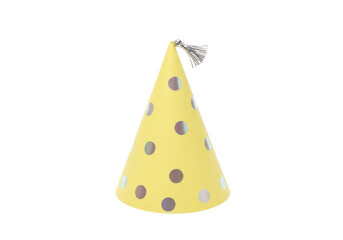 Isolated shiny polka dot party hat with tassel, a bright yellow celebration and festive item
