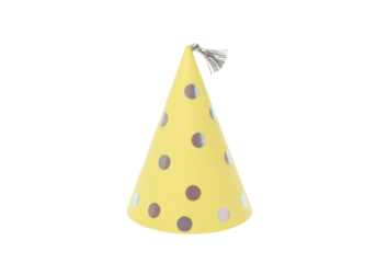 Isolated shiny polka dot party hat with tassel, a bright yellow celebration and festive item