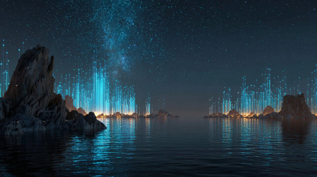 Futuristic Night Ocean Scene with Glowing Holographic Data Networks and 3D Charts