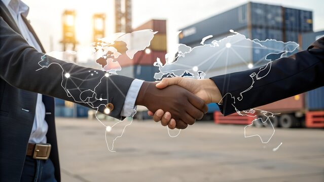 Successful global business deal with handshake over world map overlay and shipping containers in background