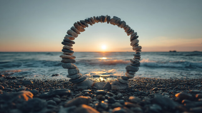 Balanced stone circle on beach at sunset
