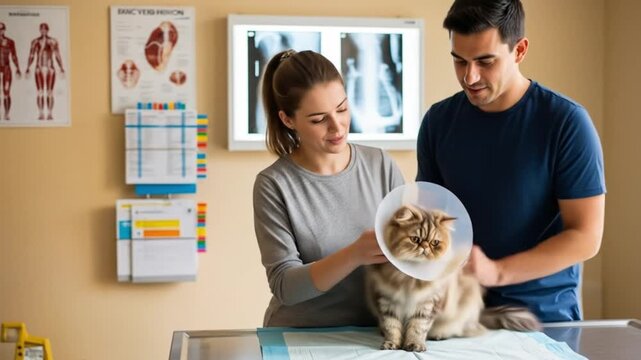 A couple assisting a cat wearing a cone at a veterinary clinic, examining its health. - Powered by Adobe