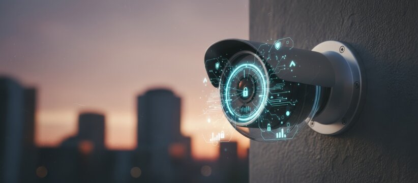 Security camera performs real time surveillance and identification using advanced facial recognition and biometric data for smart city protection and modern home safety