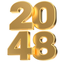 Golden 3D number 2048 isolated, luxury shiny metallic font for future celebration and calendar design.