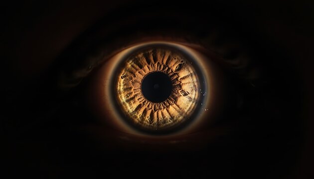 Close up of a human eye with golden brown iris on black background