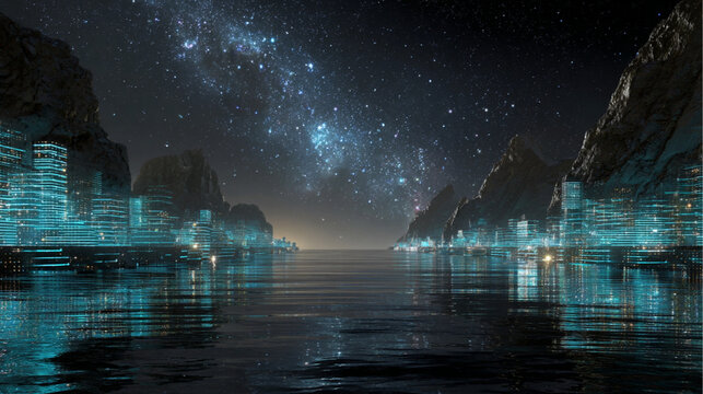 Futuristic Night Ocean Scene with Glowing Holographic Data Networks and 3D Charts