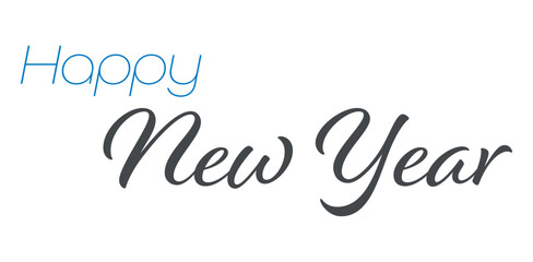 Minimal New Year design with elegant Happy New Year lettering in blue and gray. Clean festive style perfect for holiday cards, seasonal banners, winter promotions, and modern celebration projects.