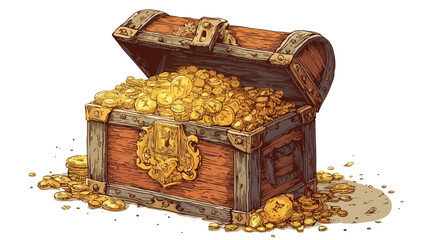 Vintage Wooden Treasure Chest with Gold Coins and Large Lock - Riches of the Past