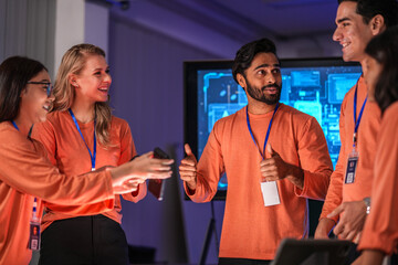 A young innovator in the near future, her smart glasses displaying an augmented reality presentation, smiles as she witnesses a breakthrough in immersive collaborative technology.