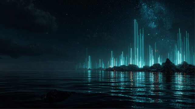 Futuristic Night Ocean Scene with Glowing Holographic Data Networks and 3D Charts - Powered by Adobe