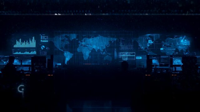 Global command center with large digital world maps, blue interface screens, data charts, and operators monitoring information in a dark control room - Powered by Adobe
