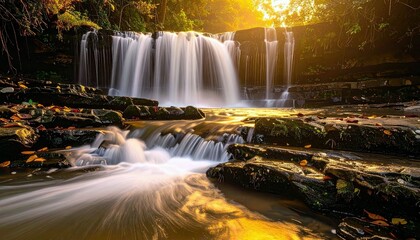 A picturesque waterfall flows over layered rocks, illuminated by warm sunlight filtering through the trees, with fallen leaves scattered on the ground.