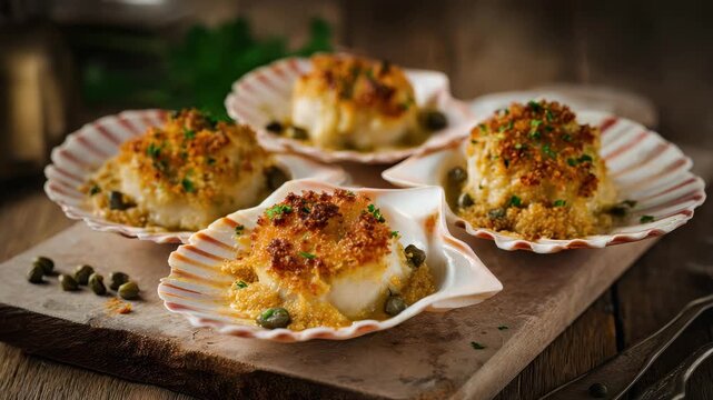 Four baked scallops served in shells with breadcrumbs and capers on a wooden board