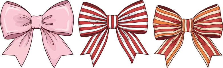 Three decorative bows in pink and stripes