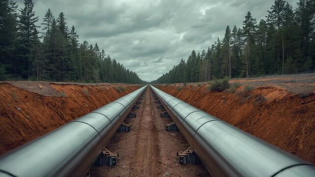 Long parallel industrial pipelines stretching through a forest landscape under cloudy skies with exposed soil and dense trees on both sides