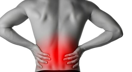 Naklejka premium Man s back with pain highlighted in red indicating back pain or injury