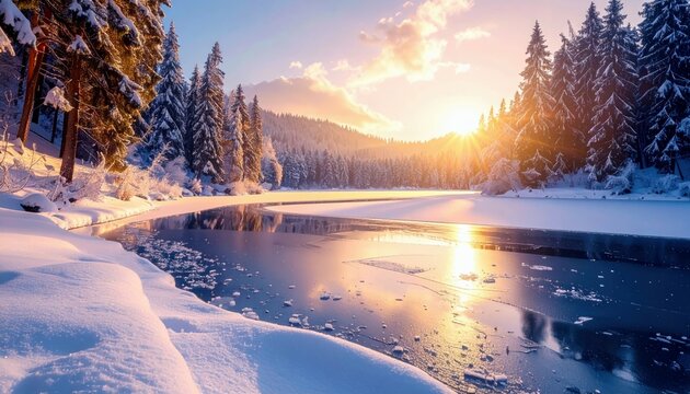 A tranquil winter scene unfolds with snow-laden evergreen trees bordering a partially frozen lake, illuminated by the warm glow of a rising sun.