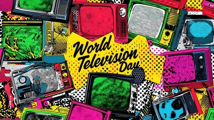 A vibrant pop art collage of colorful vintage televisions celebrates World Television Day - Powered by Adobe