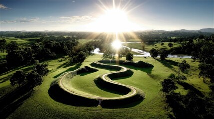 An aerial view of a winding, serpentine earthwork sculpture set against a backdrop of lush green hills, trees, and a river under a bright sunburst.