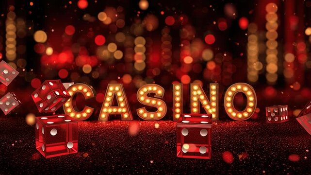 Glowing casino letters shine among floating red dice and golden bokeh lights in a dramatic scene