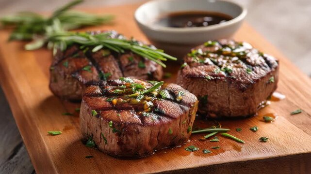 Three filet mignon steaks garnished with rosemary served with a sauce on a wooden cutting board create a delicious