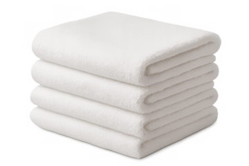 Stack of clean white fluffy bath towels, folded and ready for use, hygiene and comfort concept