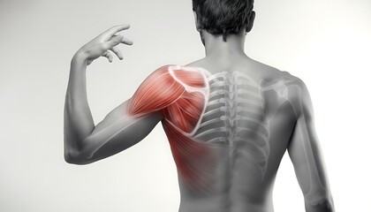 Shoulder pain anatomy highlighted on male back with skeleton and muscle overlay