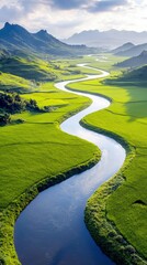 A winding river flows through vibrant green rice fields, with mountains in the distance under a dramatic sky.