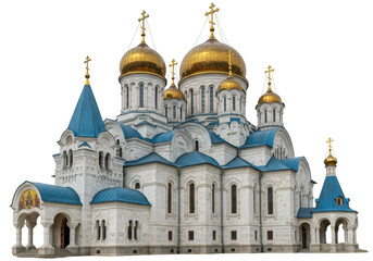 Isolated Eastern Orthodox church exterior with golden domes and blue roofs architectural detail